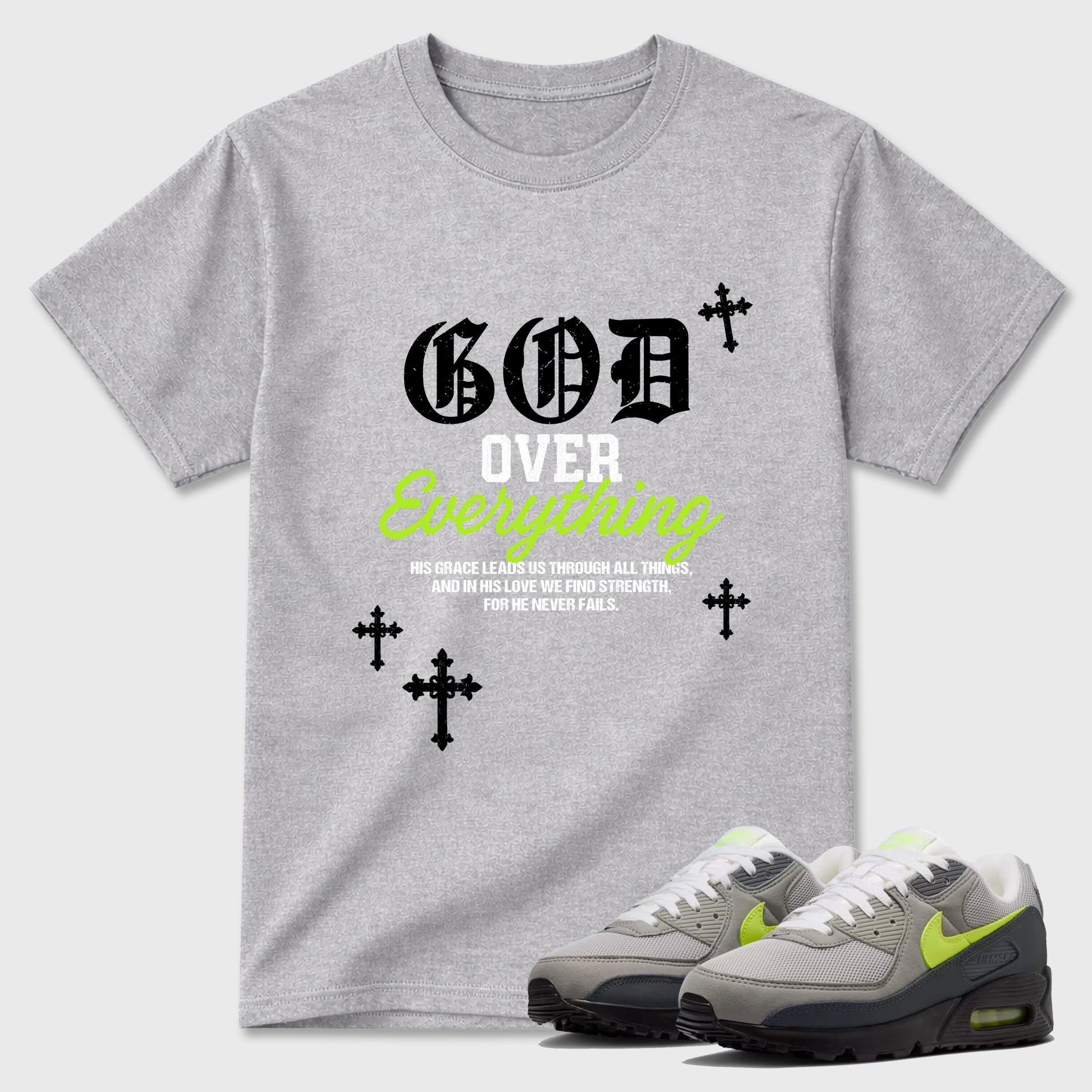 Sneakerfit graphic tee destination – Sneaker Tees To Match Air Max 90 Neon Yellow Sneakers – God Over Everything Tee Heather Grey 1