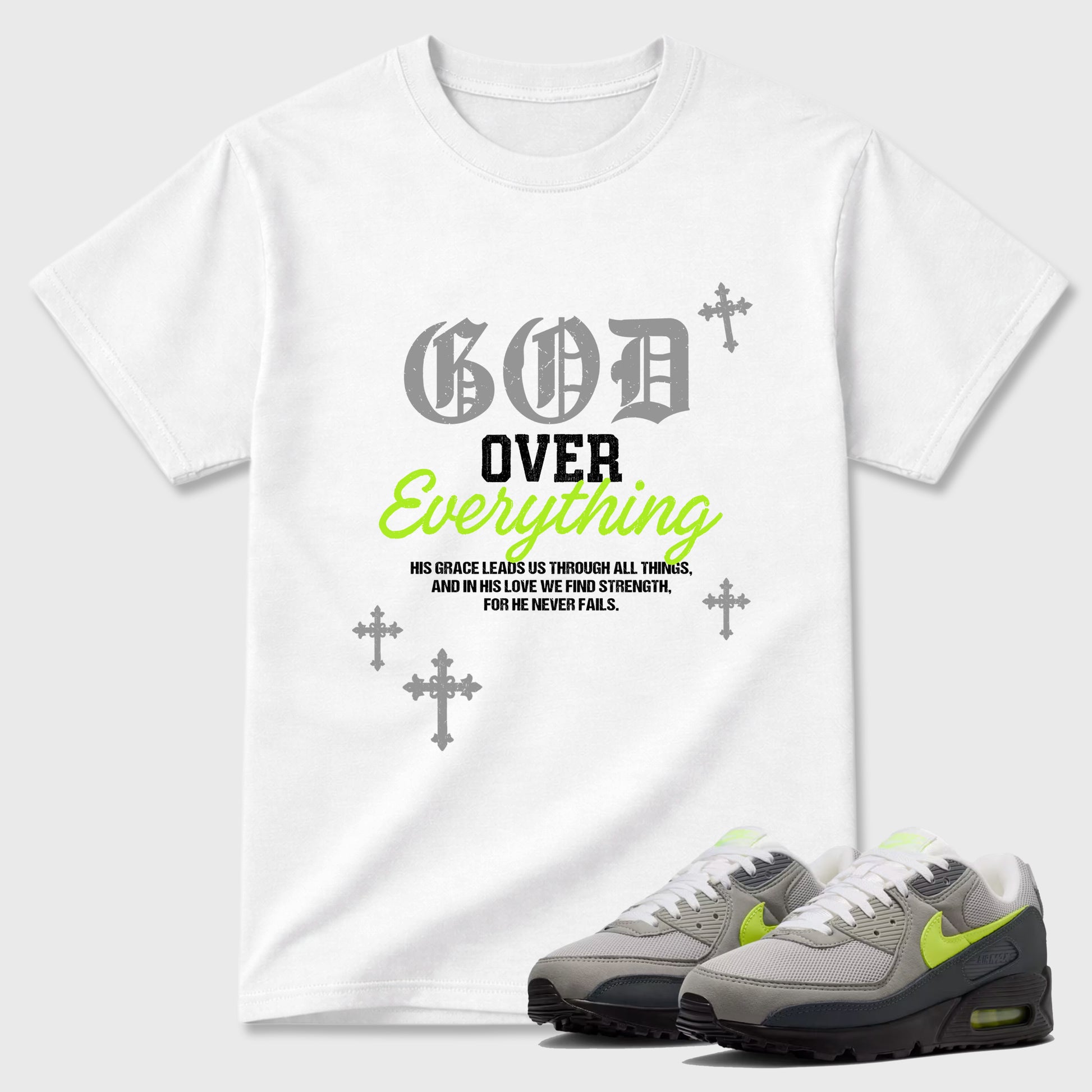 Sneakerfit graphic tee destination – Sneaker Tees To Match Air Max 90 Neon Yellow Sneakers – God Over Everything Tee White 1