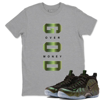 Sneaker match tees – Sneaker Tees To Match Air Foamposite One Pine Green Shoes – God Over Money Tee Heather Grey 1