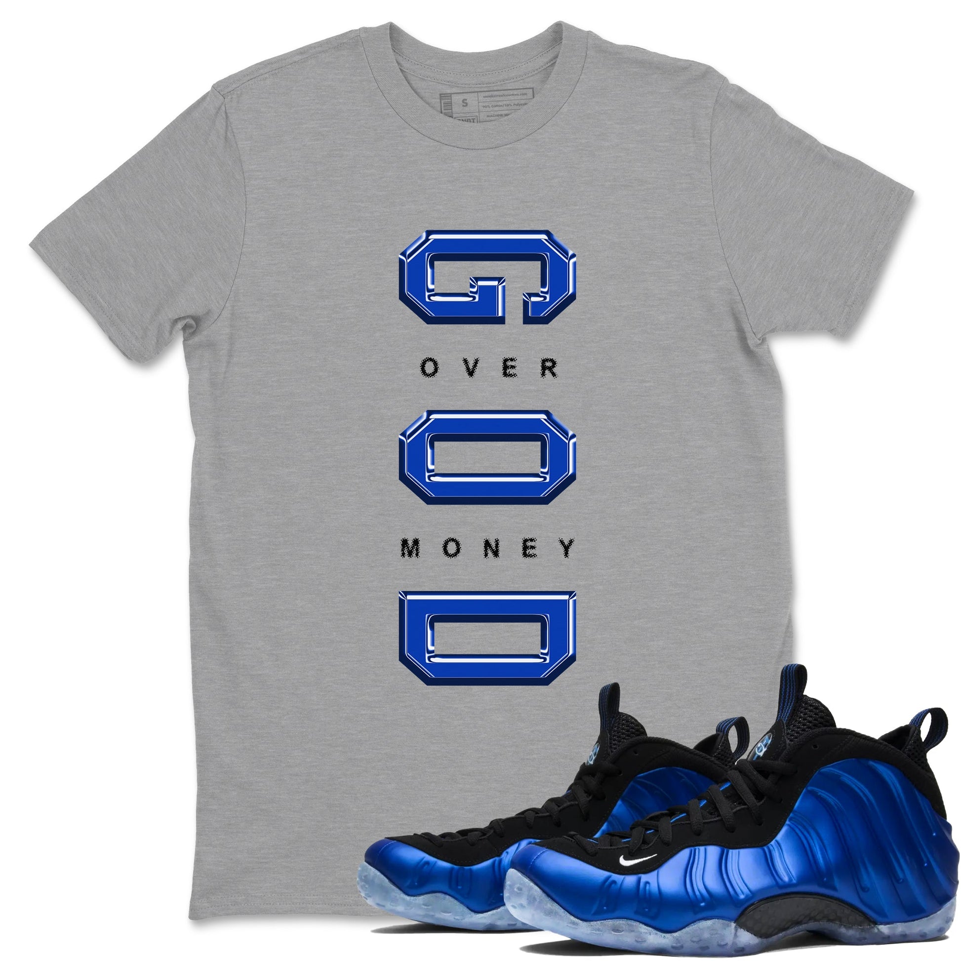 Foams One Royal shirts to match jordans God Over Money sneaker match tees Air Foamposite One Royal match shoes to clothes SNRT Sneaker Tees unisex cotton Heather Grey 1 shirts