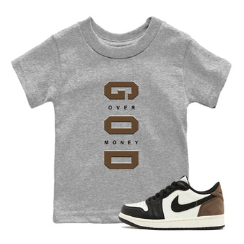 1s Mocha shirts to match jordans God Over Money sneaker match tees Air Jordan 1 Mocha match shoes to clothes SNRT Sneaker Tees Youth Baby Heather Grey 1 tee