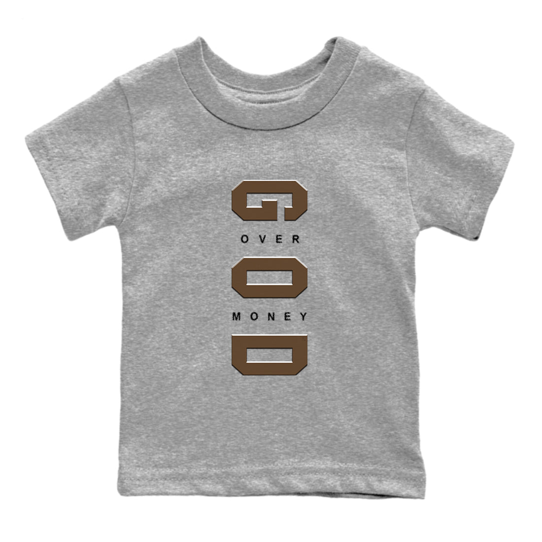 1s Mocha shirts to match jordans God Over Money sneaker match tees Air Jordan 1 Mocha match shoes to clothes SNRT Sneaker Tees Youth Baby Heather Grey 2 tee