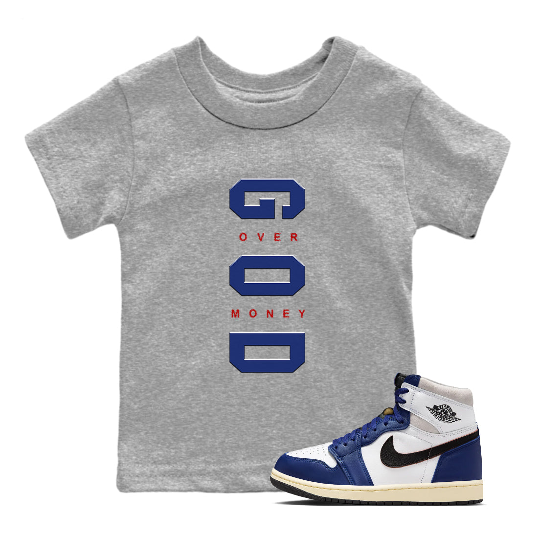 Air Jordan 1 High OG Rare Air Deep Royal Blue to match jordans God Over Money sneaker match tees Air Jordan 1 Retro High OG Rare Air match shoes to clothes SNRT Sneaker Tees Youth Baby Heather Grey 1 tee
