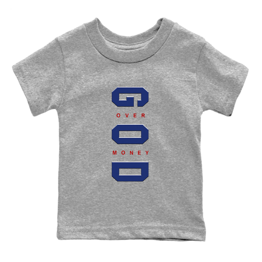 Air Jordan 1 High OG Rare Air Deep Royal Blue to match jordans God Over Money sneaker match tees Air Jordan 1 Retro High OG Rare Air match shoes to clothes SNRT Sneaker Tees Youth Baby Heather Grey 2 tee