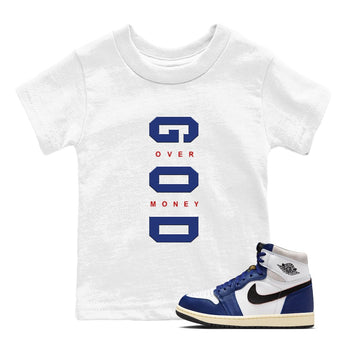 Air Jordan 1 High OG Rare Air Deep Royal Blue to match jordans God Over Money sneaker match tees Air Jordan 1 Retro High OG Rare Air match shoes to clothes SNRT Sneaker Tees Youth Baby White 1 tee