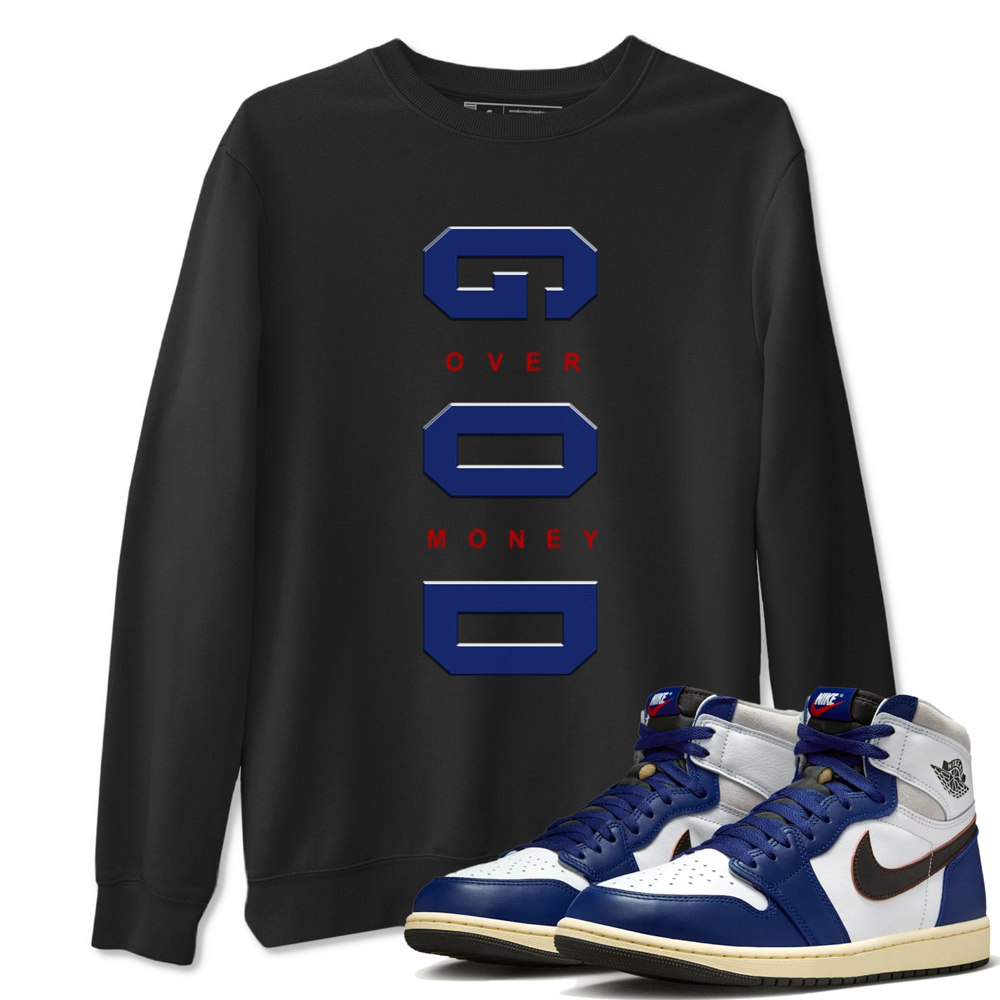 Air Jordan 1 High OG Rare Air Deep Royal Blue to match jordans God Over Money sneaker match tees Air Jordan 1 Retro High OG Rare Air match shoes to clothes SNRT Sneaker Tees unisex cotton Black 1 shirts