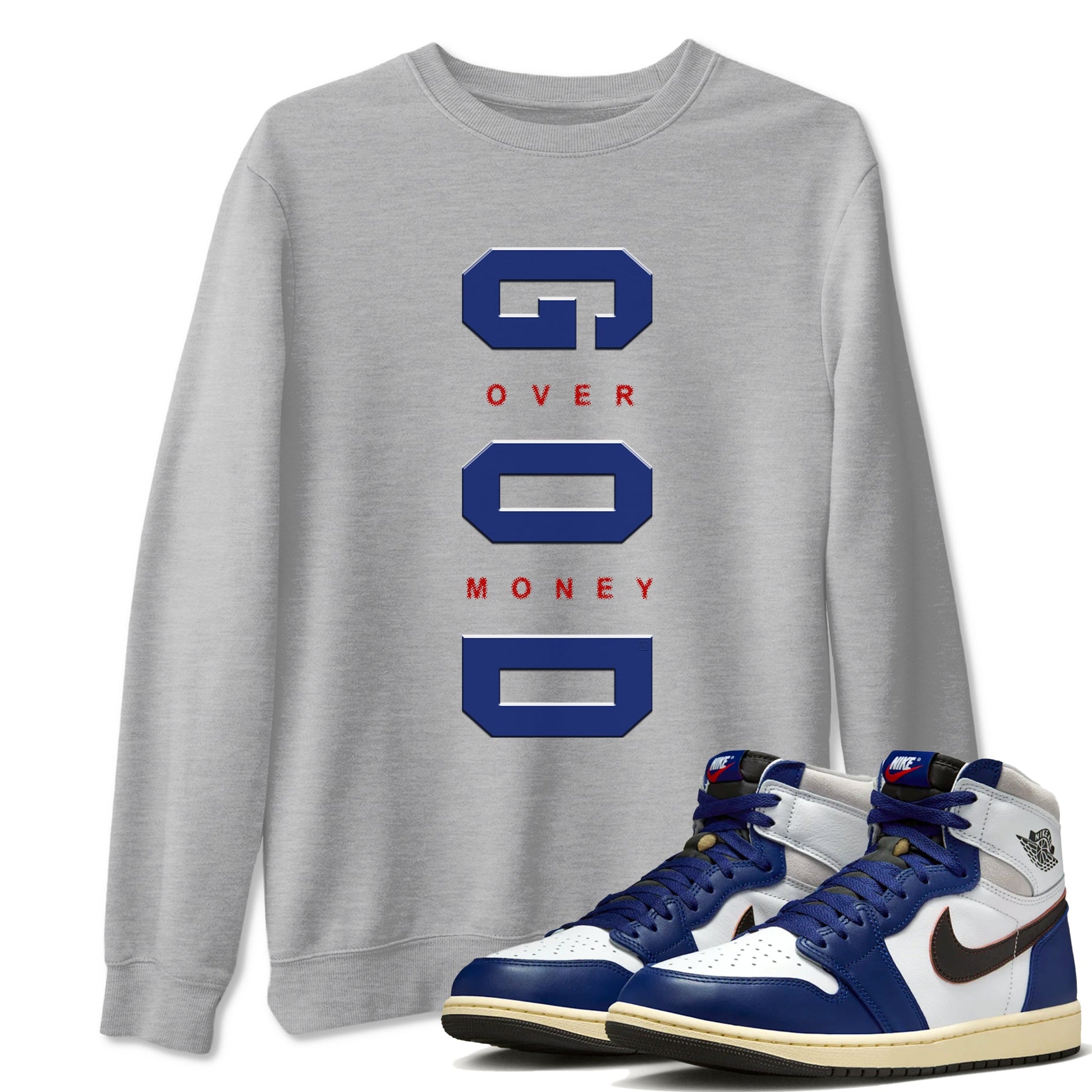 Air Jordan 1 High OG Rare Air Deep Royal Blue to match jordans God Over Money sneaker match tees Air Jordan 1 Retro High OG Rare Air match shoes to clothes SNRT Sneaker Tees unisex cotton Heather Grey 1 shirts