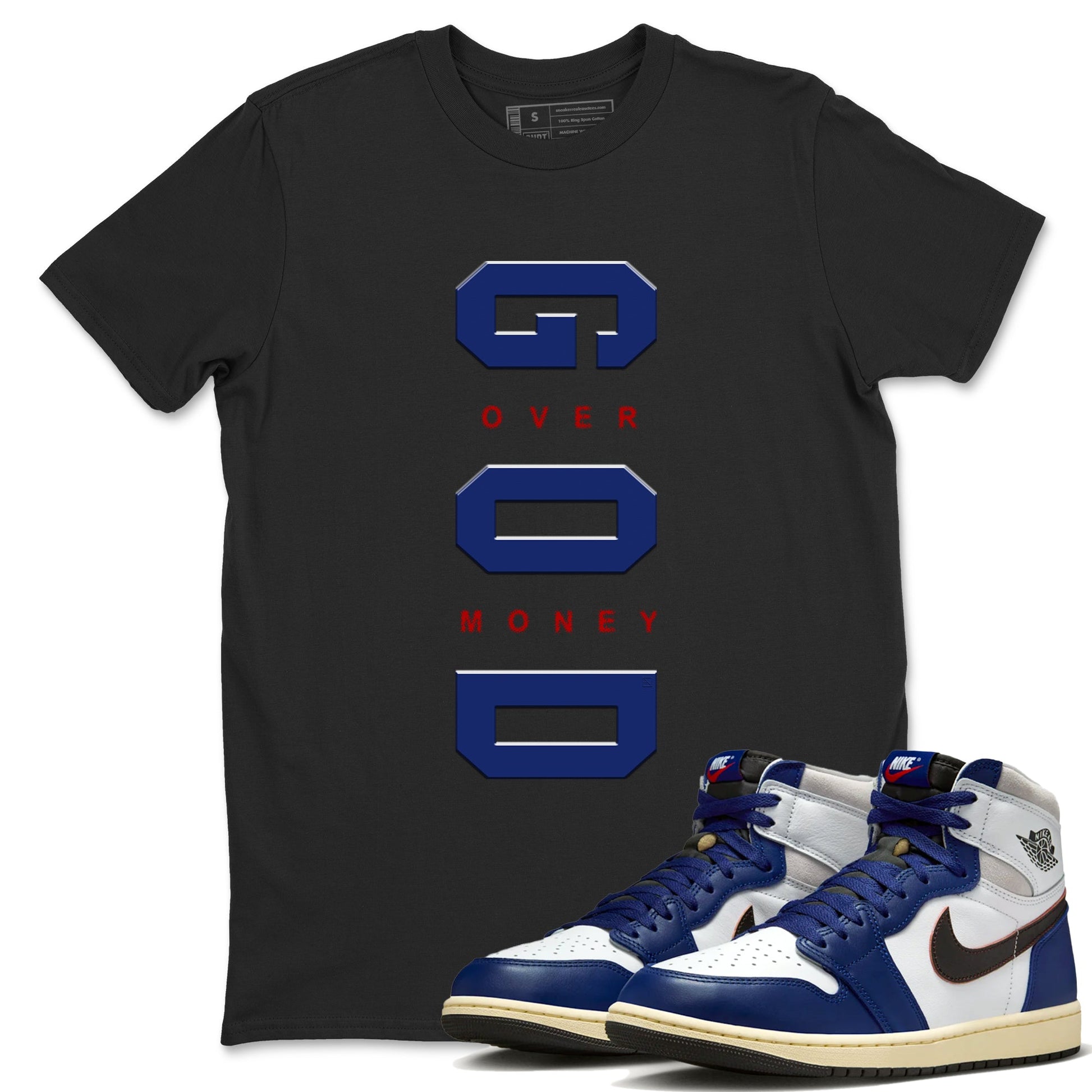 Air Jordan 1 High OG Rare Air Deep Royal Blue to match jordans God Over Money sneaker match tees Air Jordan 1 Retro High OG Rare Air match shoes to clothes SNRT Sneaker Tees unisex cotton Black 1 shirts