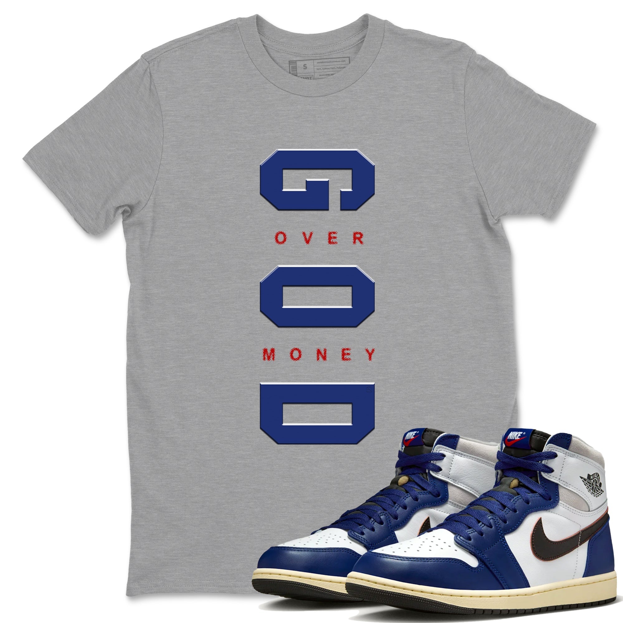 Air Jordan 1 High OG Rare Air Deep Royal Blue to match jordans God Over Money sneaker match tees Air Jordan 1 Retro High OG Rare Air match shoes to clothes SNRT Sneaker Tees unisex cotton Heather Grey 1 shirts