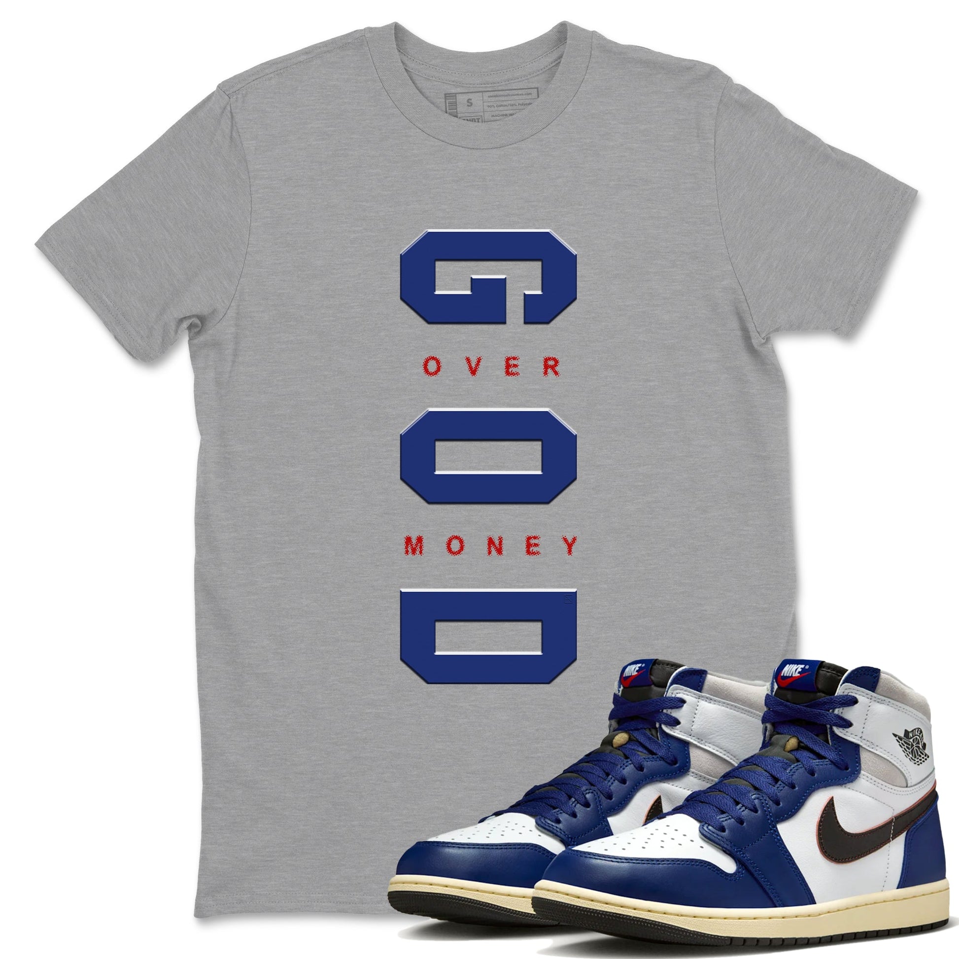 Air Jordan 1 High OG Rare Air Deep Royal Blue to match jordans God Over Money sneaker match tees Air Jordan 1 Retro High OG Rare Air match shoes to clothes SNRT Sneaker Tees unisex cotton Heather Grey 1 shirts