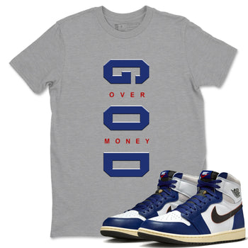Air Jordan 1 High OG Rare Air Deep Royal Blue to match jordans God Over Money sneaker match tees Air Jordan 1 Retro High OG Rare Air match shoes to clothes SNRT Sneaker Tees unisex cotton Heather Grey 1 shirts