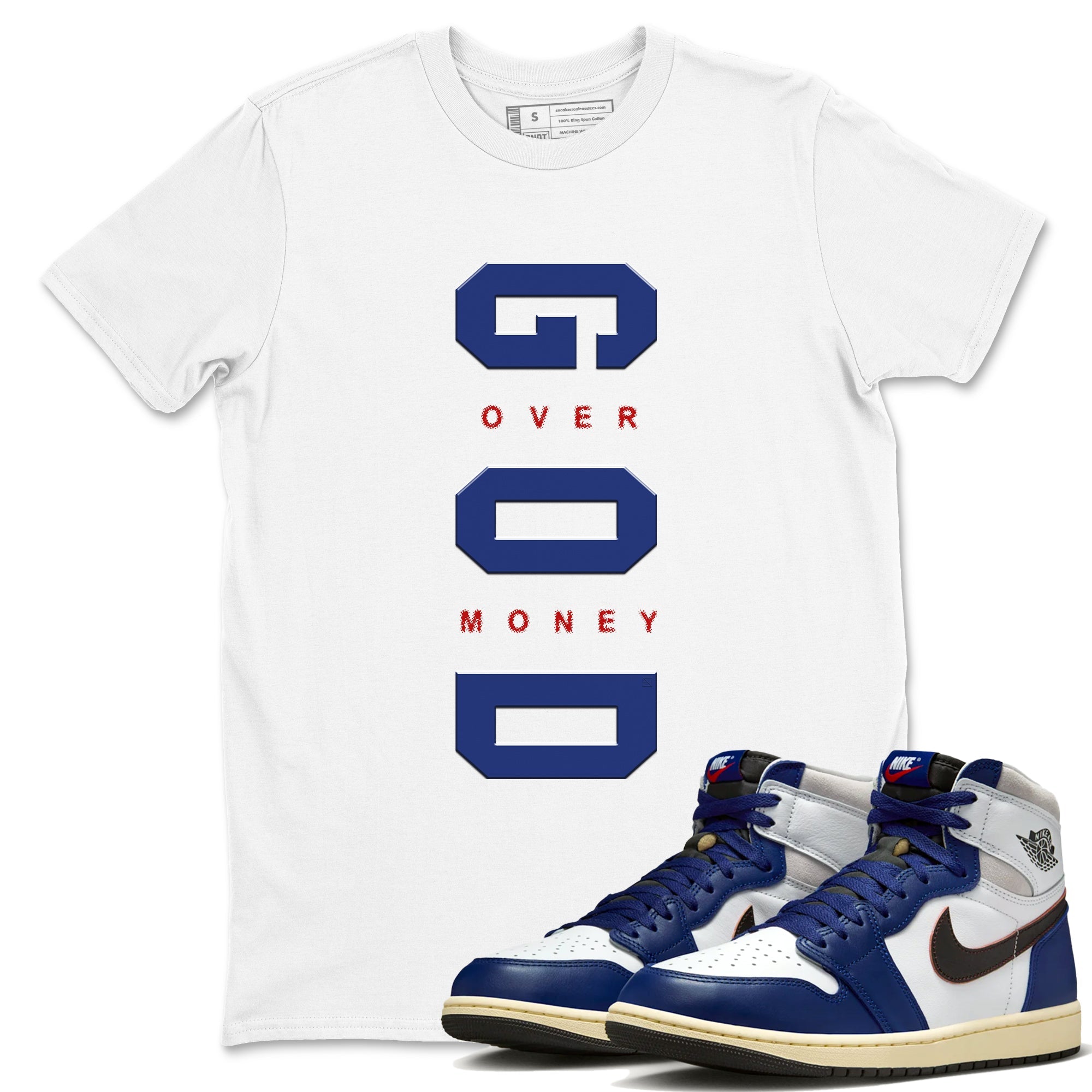 Air Jordan 1 High OG Rare Air Deep Royal Blue to match jordans God Over Money sneaker match tees Air Jordan 1 Retro High OG Rare Air match shoes to clothes SNRT Sneaker Tees unisex cotton White 1 shirts