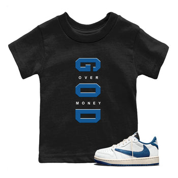 God Over Money baby and kids t-shirt crafted for little sneakerheads to shine with the Air Jordan 1 Travis Scott Fragment sneakers, displayed in Black 1.