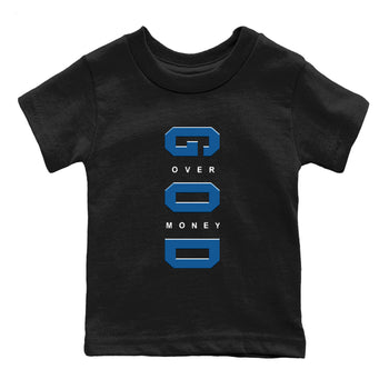 God Over Money baby and kids t-shirt crafted for little sneakerheads to shine with the Air Jordan 1 Travis Scott Fragment sneakers, displayed in Black 2.