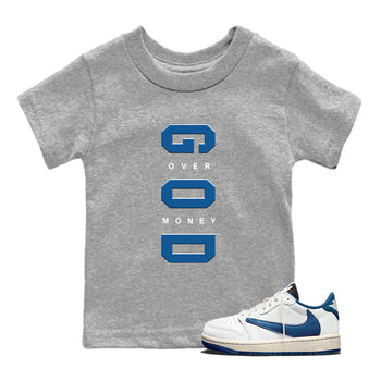God Over Money baby and kids t-shirt crafted for little sneakerheads to shine with the Air Jordan 1 Travis Scott Fragment sneakers, displayed in Heather Grey 1.