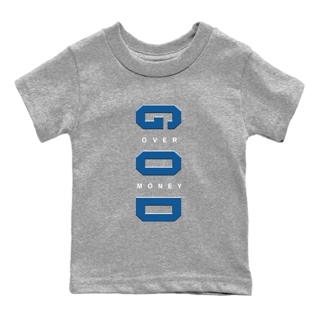 God Over Money baby and kids t-shirt crafted for little sneakerheads to shine with the Air Jordan 1 Travis Scott Fragment sneakers, displayed in Heather Grey 2.