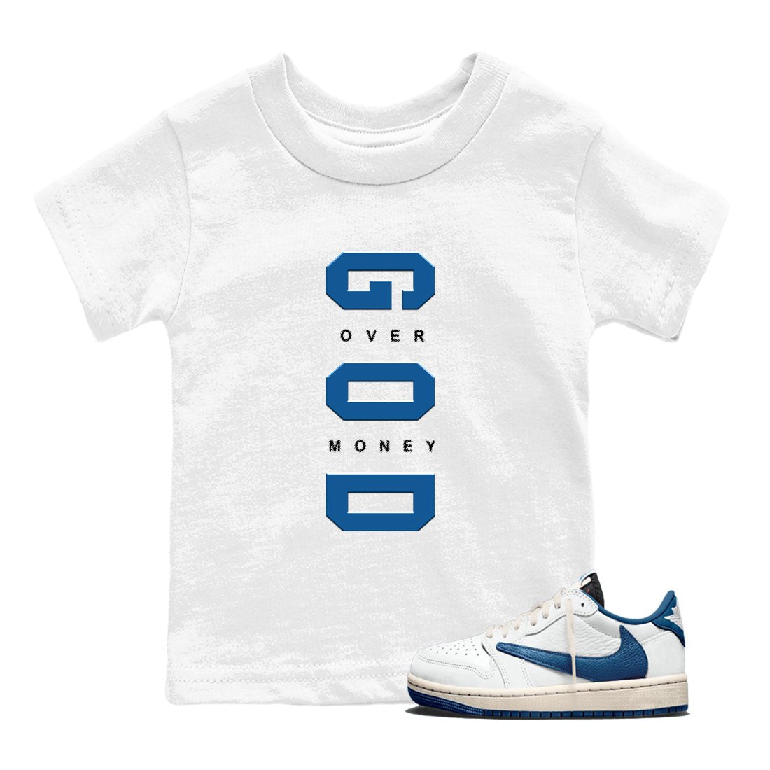 God Over Money baby and kids t-shirt crafted for little sneakerheads to shine with the Air Jordan 1 Travis Scott Fragment sneakers, displayed in White 1.