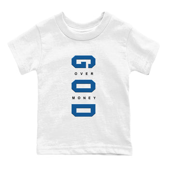 God Over Money baby and kids t-shirt crafted for little sneakerheads to shine with the Air Jordan 1 Travis Scott Fragment sneakers, displayed in White 2.