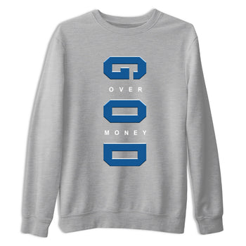 God Over Money sneaker match t-shirt styled to complete your fit with the Air Jordan 1 Travis Scott Fragment sneakers, shown in Heather Grey 2.