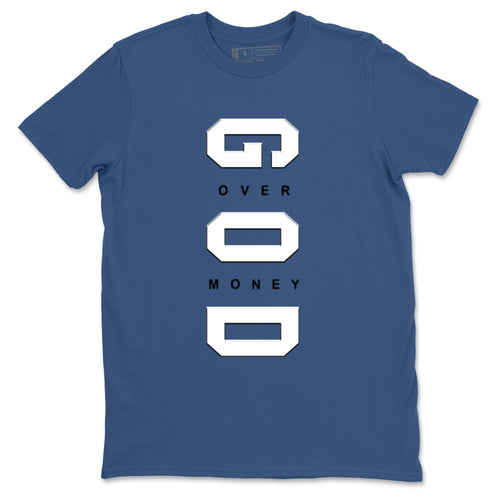 God Over Money sneaker match t-shirt styled to complete your fit with the Air Jordan 1 Travis Scott Fragment sneakers, shown in Denim Blue 2.