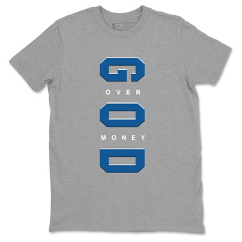 God Over Money sneaker match t-shirt styled to complete your fit with the Air Jordan 1 Travis Scott Fragment sneakers, shown in Heather Grey 2.