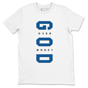 God Over Money sneaker match t-shirt styled to complete your fit with the Air Jordan 1 Travis Scott Fragment sneakers, shown in White 2.