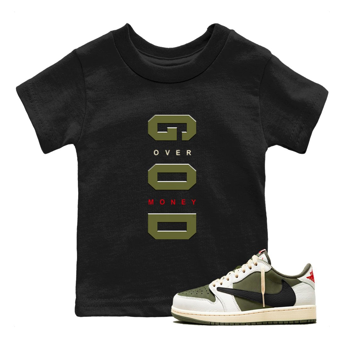 Jordan 1 Olive t shirts to match sneakers God Over Money sneaker match tees Air Jordan 1 Low x Travis Scott Reverse Olive tee SNRT Sneaker Tees Youth Baby Black 1 tee