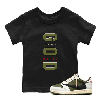 Jordan 1 Olive t shirts to match sneakers God Over Money sneaker match tees Air Jordan 1 Low x Travis Scott Reverse Olive tee SNRT Sneaker Tees Youth Baby Black 1 tee