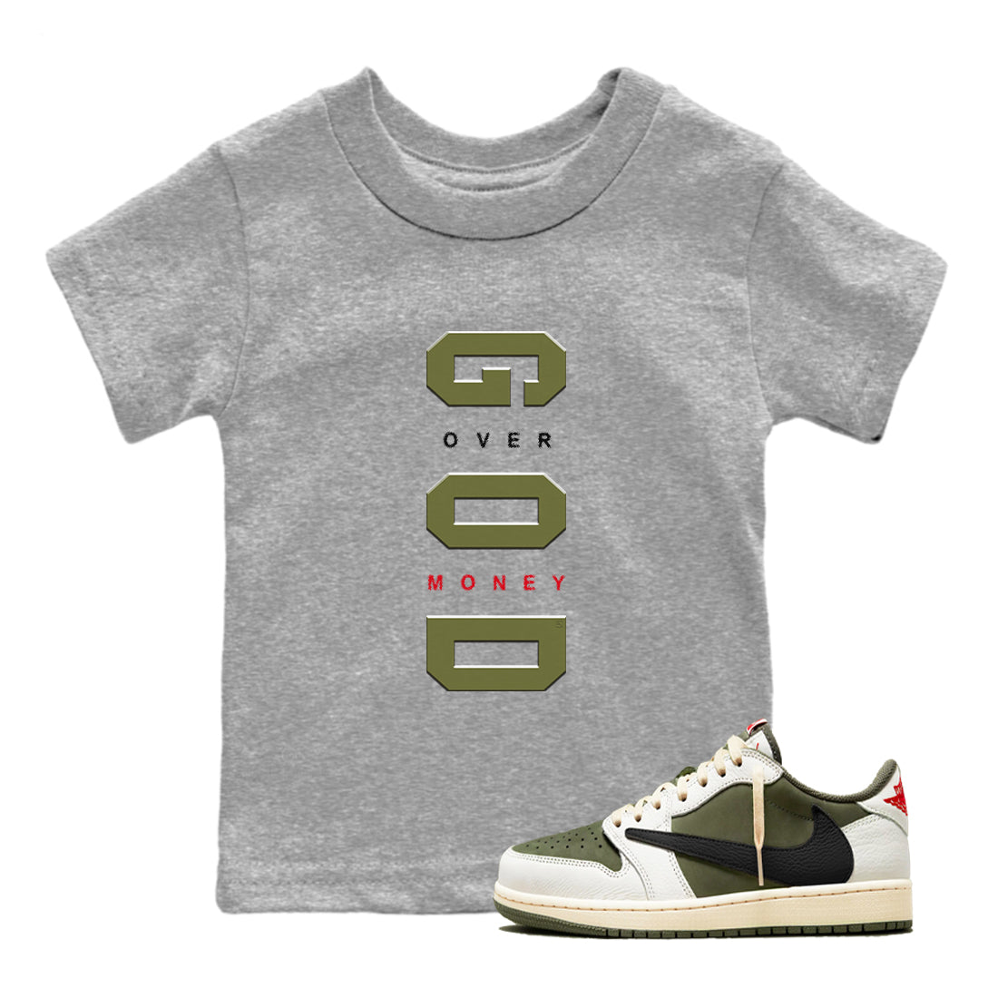 Jordan 1 Olive t shirts to match sneakers God Over Money sneaker match tees Air Jordan 1 Low x Travis Scott Reverse Olive tee SNRT Sneaker Tees Youth Baby Heather Grey 1 tee