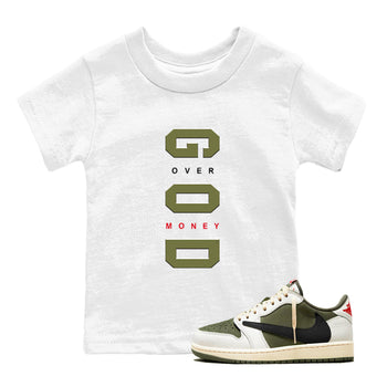 Jordan 1 Olive t shirts to match sneakers God Over Money sneaker match tees Air Jordan 1 Low x Travis Scott Reverse Olive tee SNRT Sneaker Tees Youth Baby White 1 tee