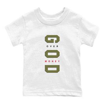 Jordan 1 Olive t shirts to match sneakers God Over Money sneaker match tees Air Jordan 1 Low x Travis Scott Reverse Olive tee SNRT Sneaker Tees Youth Baby White 2 tee