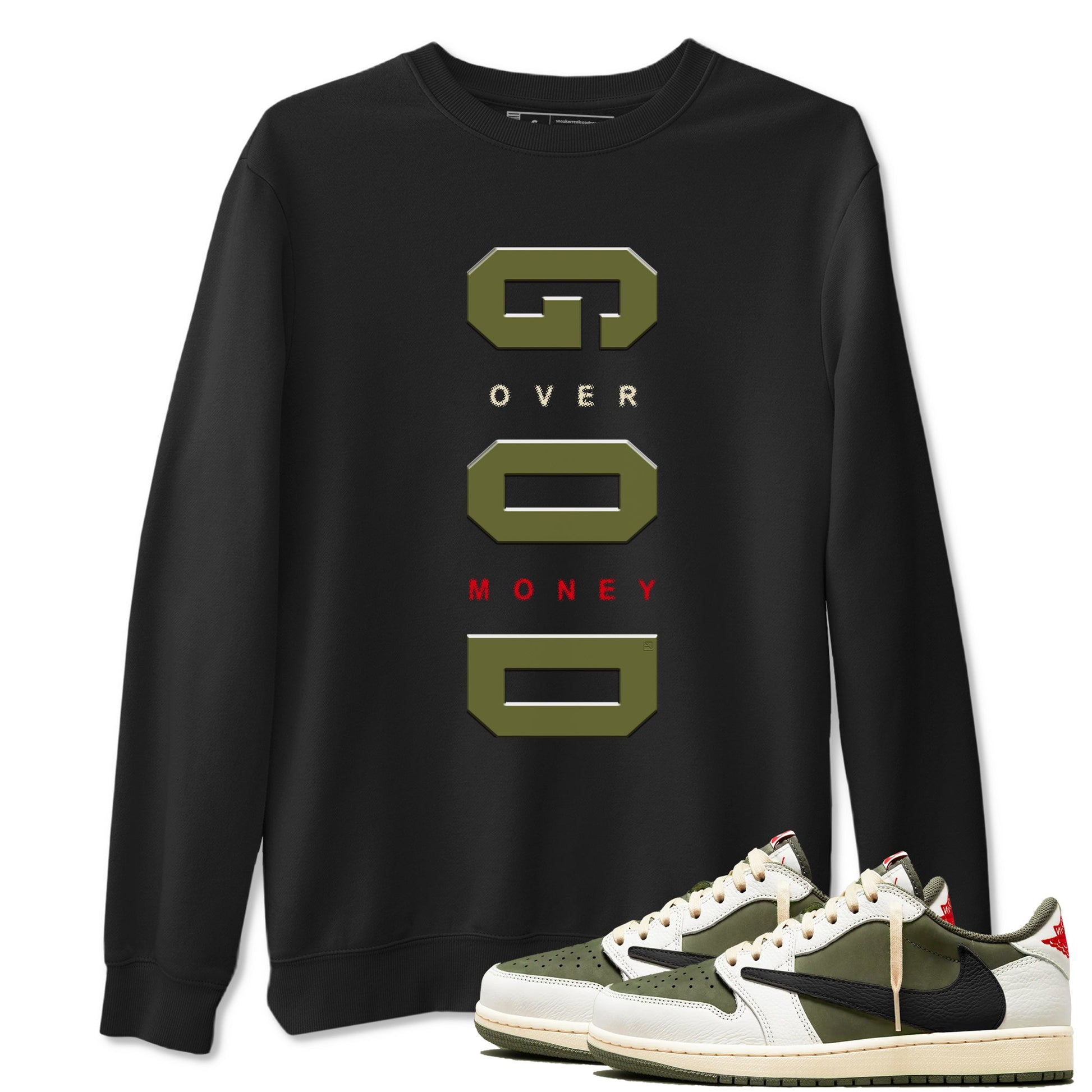 Jordan 1 Olive t shirts to match sneakers God Over Money sneaker match tees Air Jordan 1 Low x Travis Scott Reverse Olive tee SNRT Sneaker Tees unisex cotton Black 1 shirts