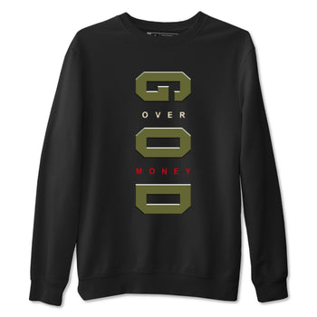 Jordan 1 Olive t shirts to match sneakers God Over Money sneaker match tees Air Jordan 1 Low x Travis Scott Reverse Olive tee SNRT Sneaker Tees unisex cotton Black 2 shirts