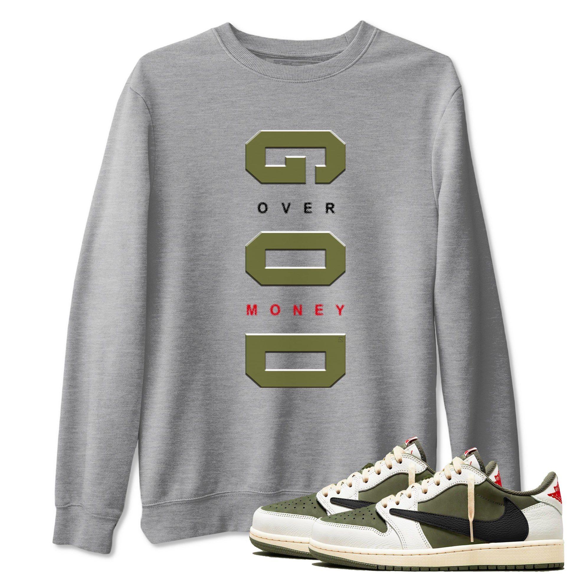 Jordan 1 Olive t shirts to match sneakers God Over Money sneaker match tees Air Jordan 1 Low x Travis Scott Reverse Olive tee SNRT Sneaker Tees unisex cotton Heather Grey 1 shirts