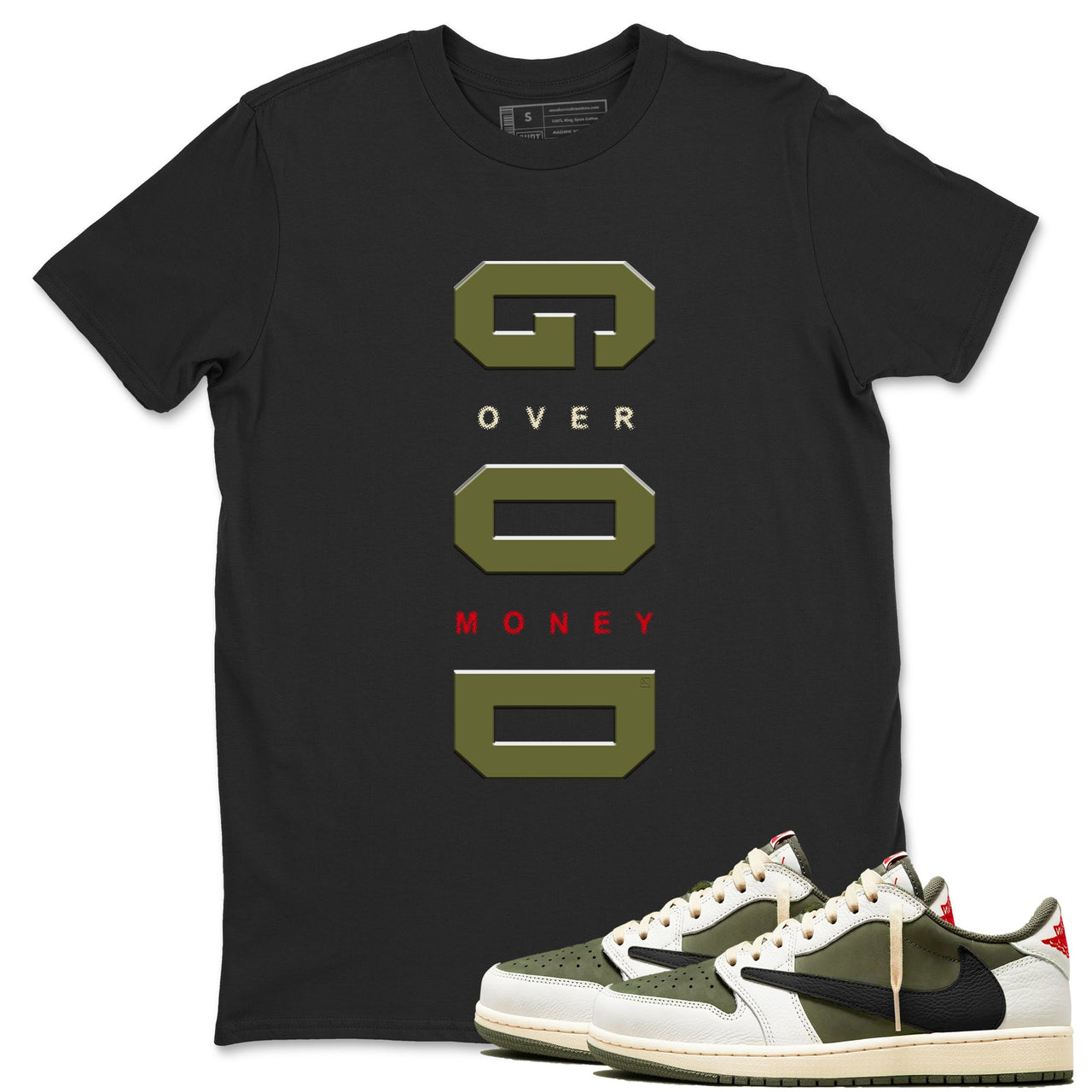 Jordan 1 Olive t shirts to match sneakers God Over Money sneaker match tees Air Jordan 1 Low x Travis Scott Reverse Olive tee SNRT Sneaker Tees unisex cotton Military Green 1 shirts