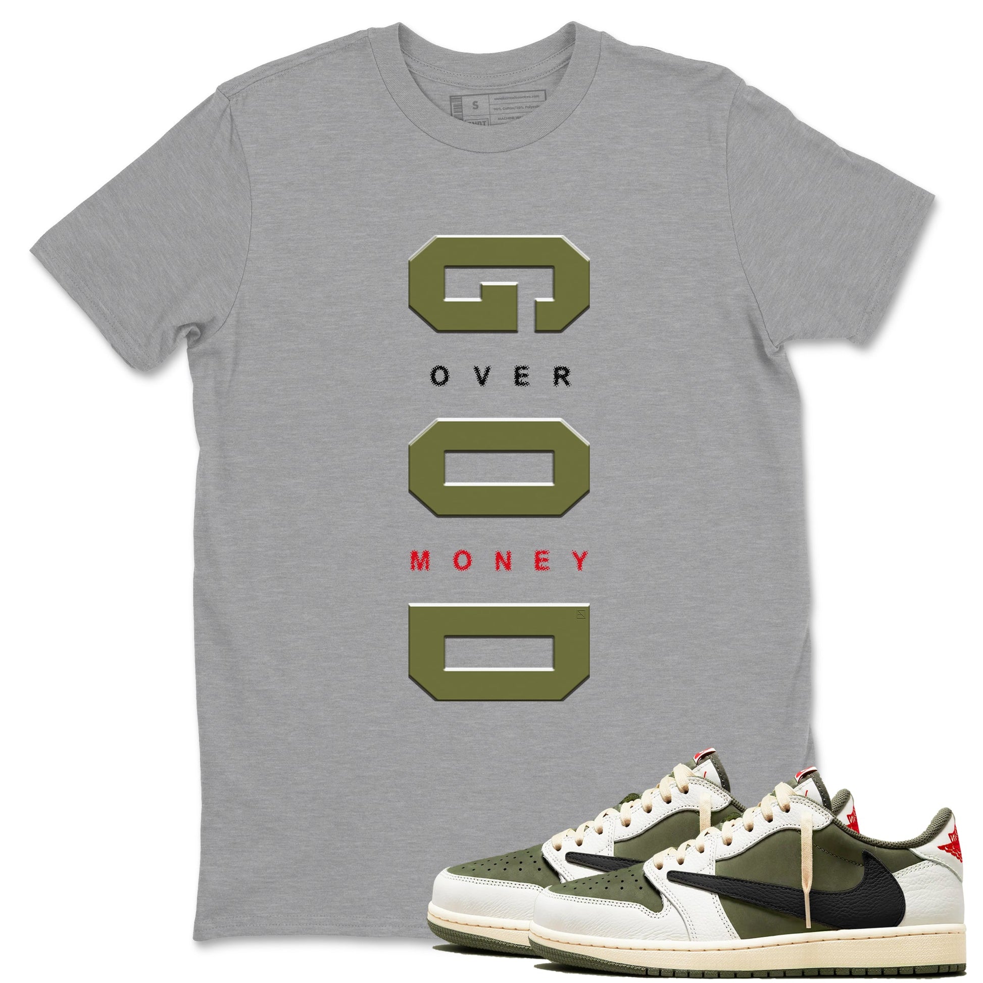 Jordan 1 Olive t shirts to match sneakers God Over Money sneaker match tees Air Jordan 1 Low x Travis Scott Reverse Olive tee SNRT Sneaker Tees unisex cotton Heather Grey 1 shirts