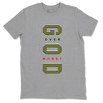 Jordan 1 Olive t shirts to match sneakers God Over Money sneaker match tees Air Jordan 1 Low x Travis Scott Reverse Olive tee SNRT Sneaker Tees unisex cotton Heather Grey 2 shirts