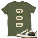 Jordan 1 Olive t shirts to match sneakers God Over Money sneaker match tees Air Jordan 1 Low x Travis Scott Reverse Olive tee SNRT Sneaker Tees unisex cotton Military Green 1 shirts