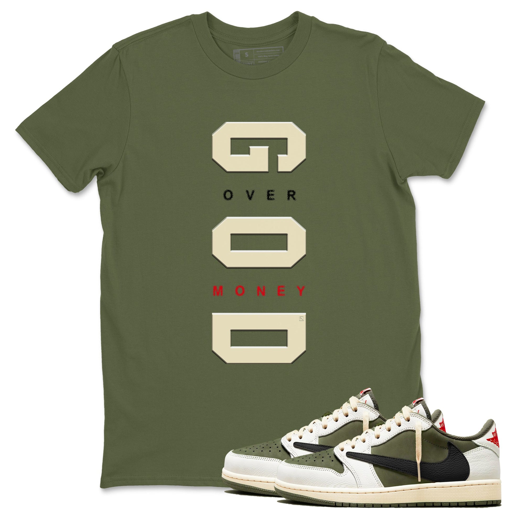 Jordan 1 Olive t shirts to match sneakers God Over Money sneaker match tees Air Jordan 1 Low x Travis Scott Reverse Olive tee SNRT Sneaker Tees unisex cotton Military Green 1 shirts