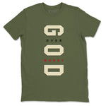 Jordan 1 Olive t shirts to match sneakers God Over Money sneaker match tees Air Jordan 1 Low x Travis Scott Reverse Olive tee SNRT Sneaker Tees unisex cotton Military Green 2 shirts