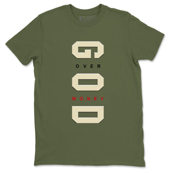 Jordan 1 Olive t shirts to match sneakers God Over Money sneaker match tees Air Jordan 1 Low x Travis Scott Reverse Olive tee SNRT Sneaker Tees unisex cotton Military Green 2 shirts