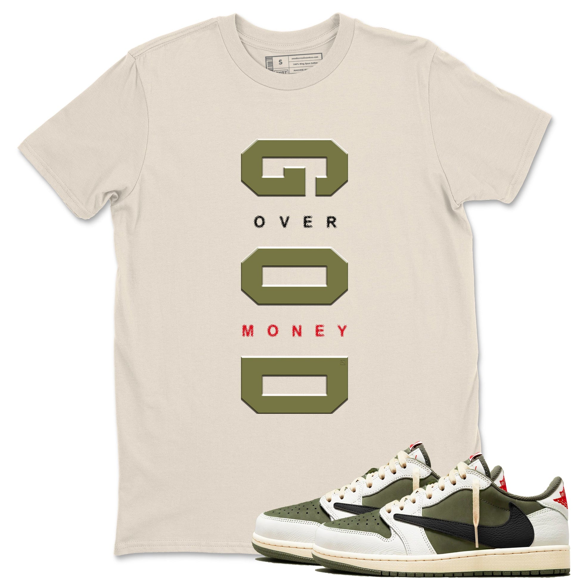 Jordan 1 Olive t shirts to match sneakers God Over Money sneaker match tees Air Jordan 1 Low x Travis Scott Reverse Olive tee SNRT Sneaker Tees unisex cotton Natural 1 shirts