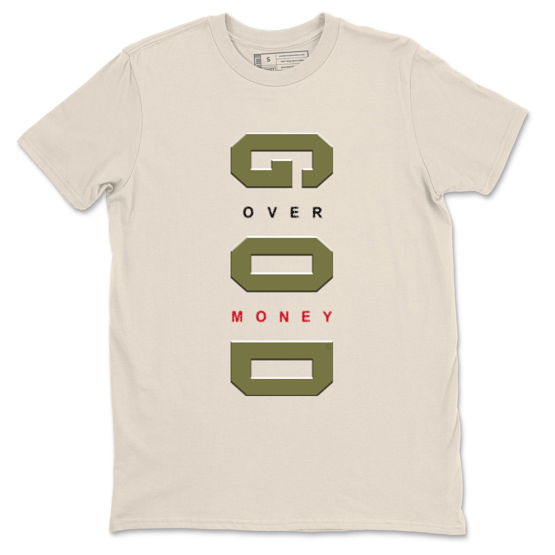 Jordan 1 Olive t shirts to match sneakers God Over Money sneaker match tees Air Jordan 1 Low x Travis Scott Reverse Olive tee SNRT Sneaker Tees unisex cotton Natural 2 shirts