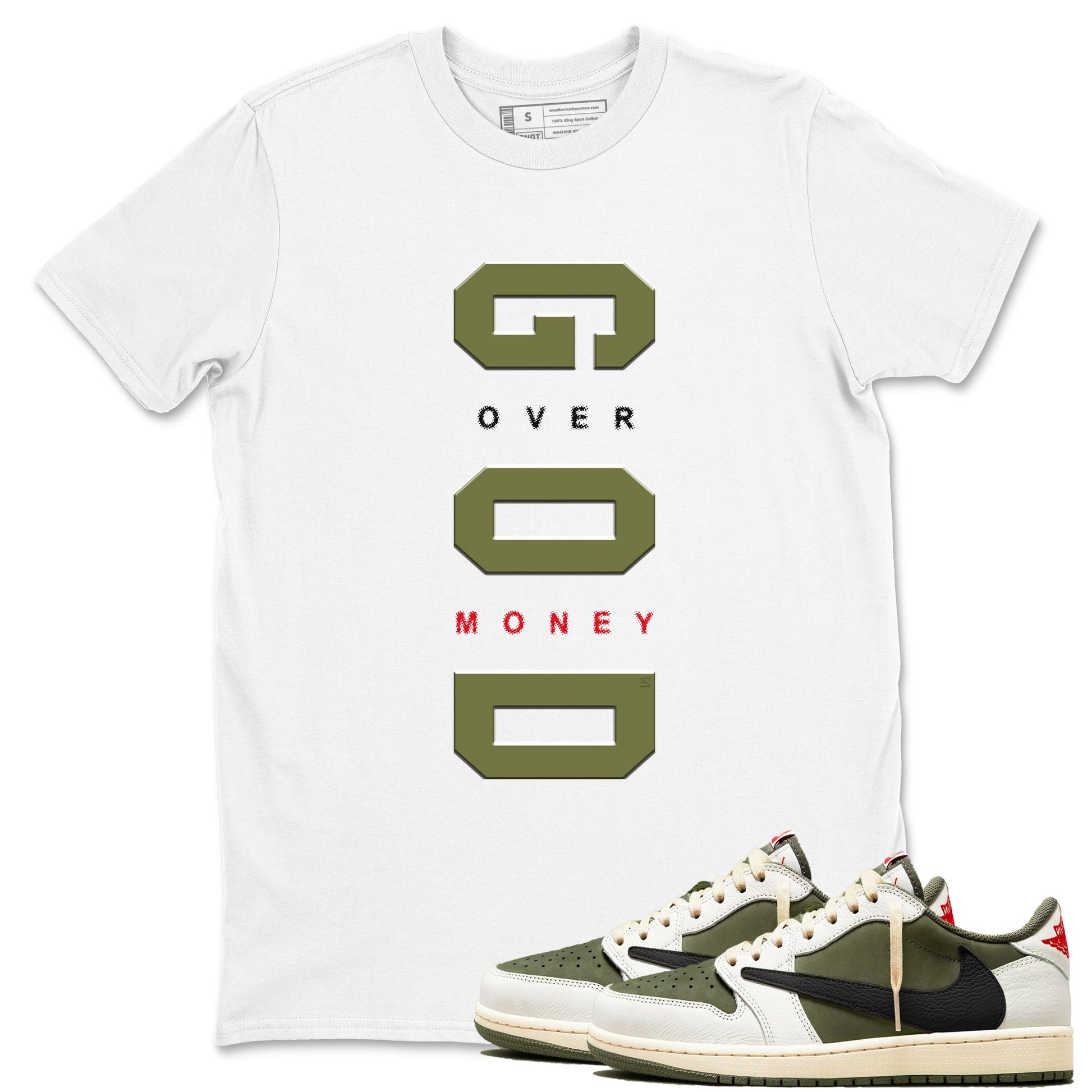 Jordan 1 Olive t shirts to match sneakers God Over Money sneaker match tees Air Jordan 1 Low x Travis Scott Reverse Olive tee SNRT Sneaker Tees unisex cotton White 1 shirts