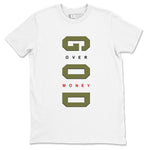 Jordan 1 Olive t shirts to match sneakers God Over Money sneaker match tees Air Jordan 1 Low x Travis Scott Reverse Olive tee SNRT Sneaker Tees unisex cotton White 2 shirts