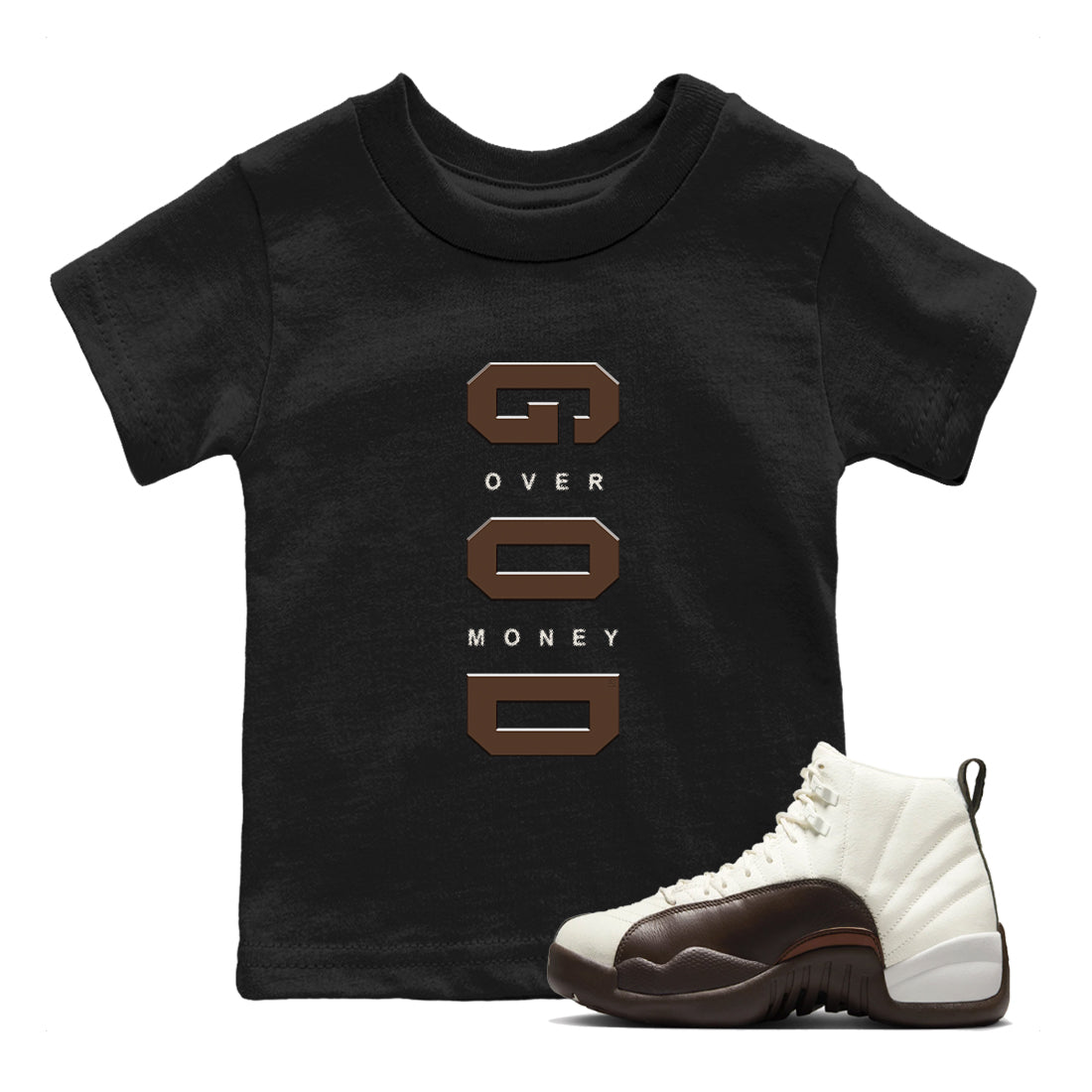 12s Baroque Brown shirts to match jordans God Over Money best t shirts to wear with jordans SoleFly x Jordan 12 Baroque Brown match shoes to clothes SNRT Sneaker Tees Youth Baby Black 1 tee