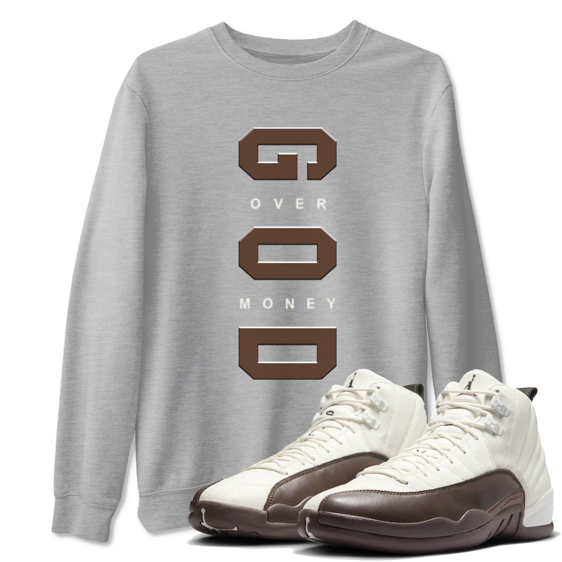 12s Baroque Brown shirts to match jordans God Over Money best t shirts to wear with jordans SoleFly x Jordan 12 Baroque Brown match shoes to clothes SNRT Sneaker Tees unisex cotton Heather Grey 1 shirts