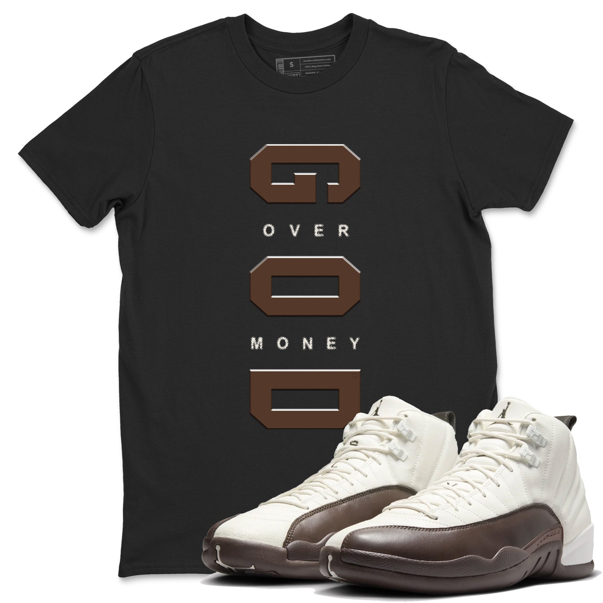 12s Baroque Brown shirts to match jordans God Over Money best t shirts to wear with jordans SoleFly x Jordan 12 Baroque Brown match shoes to clothes SNRT Sneaker Tees unisex cotton Black 1 shirts
