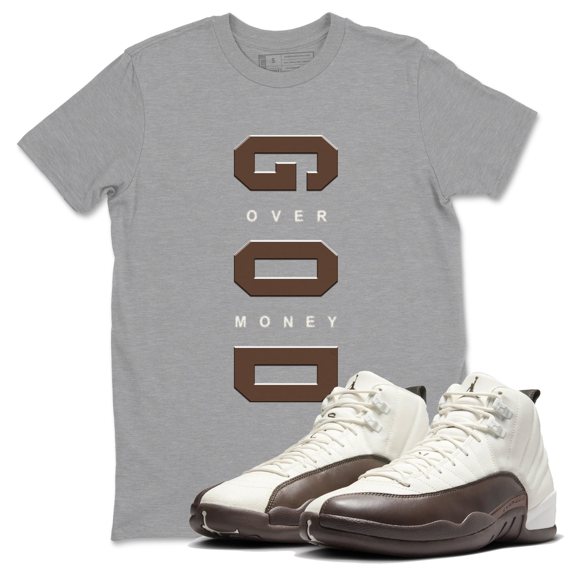 12s Baroque Brown shirts to match jordans God Over Money best t shirts to wear with jordans SoleFly x Jordan 12 Baroque Brown match shoes to clothes SNRT Sneaker Tees unisex cotton Heather Grey 1 shirts