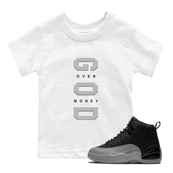 Air Jordan 12 Black And Wolf Grey t shirts to match sneakers God Over Money sneaker match tees 12s Black Wolf Grey tee SNRT Sneaker Tees Youth Baby White 1 tee